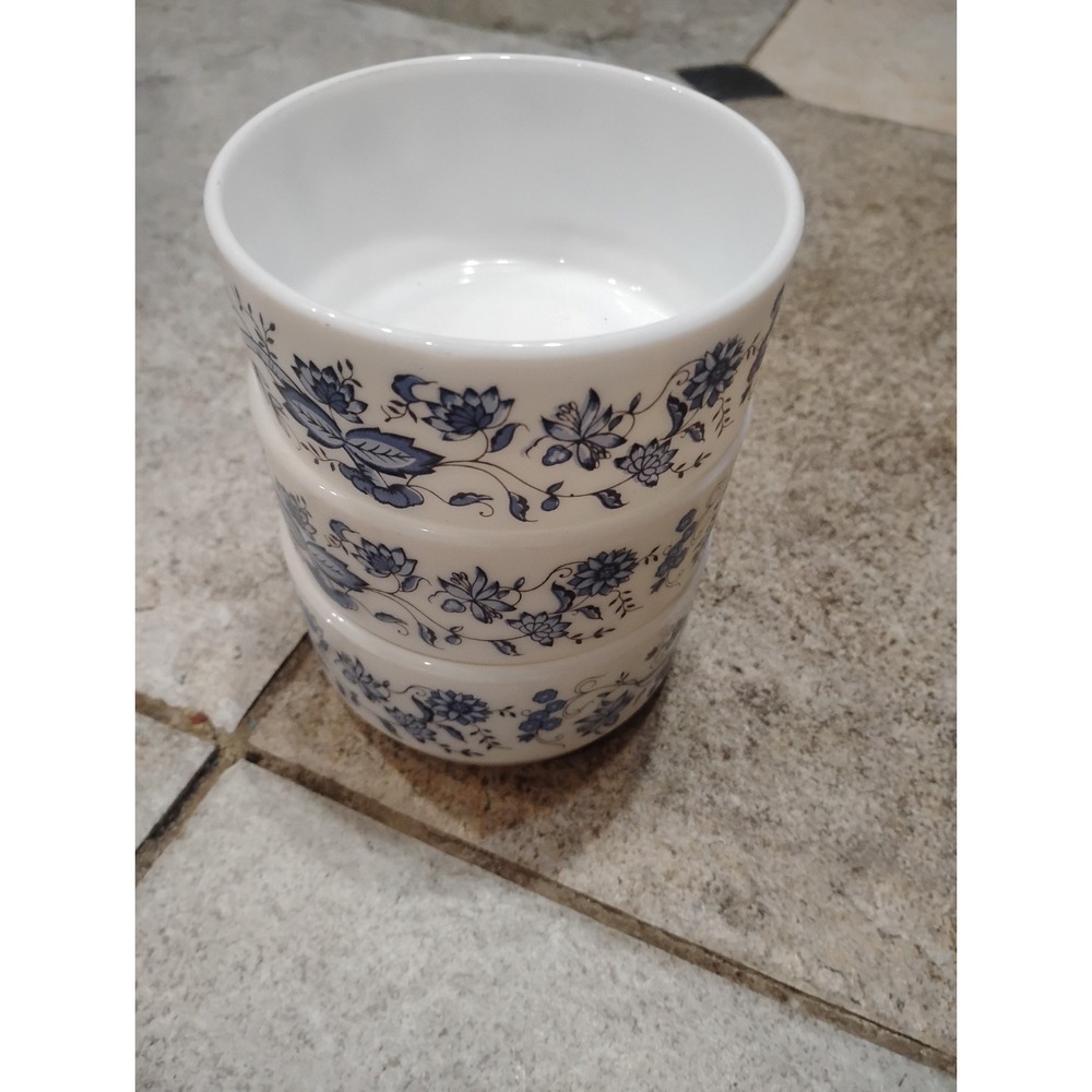 3 vintage Arcopal France milk glass bowl or ramekin Blue Aster